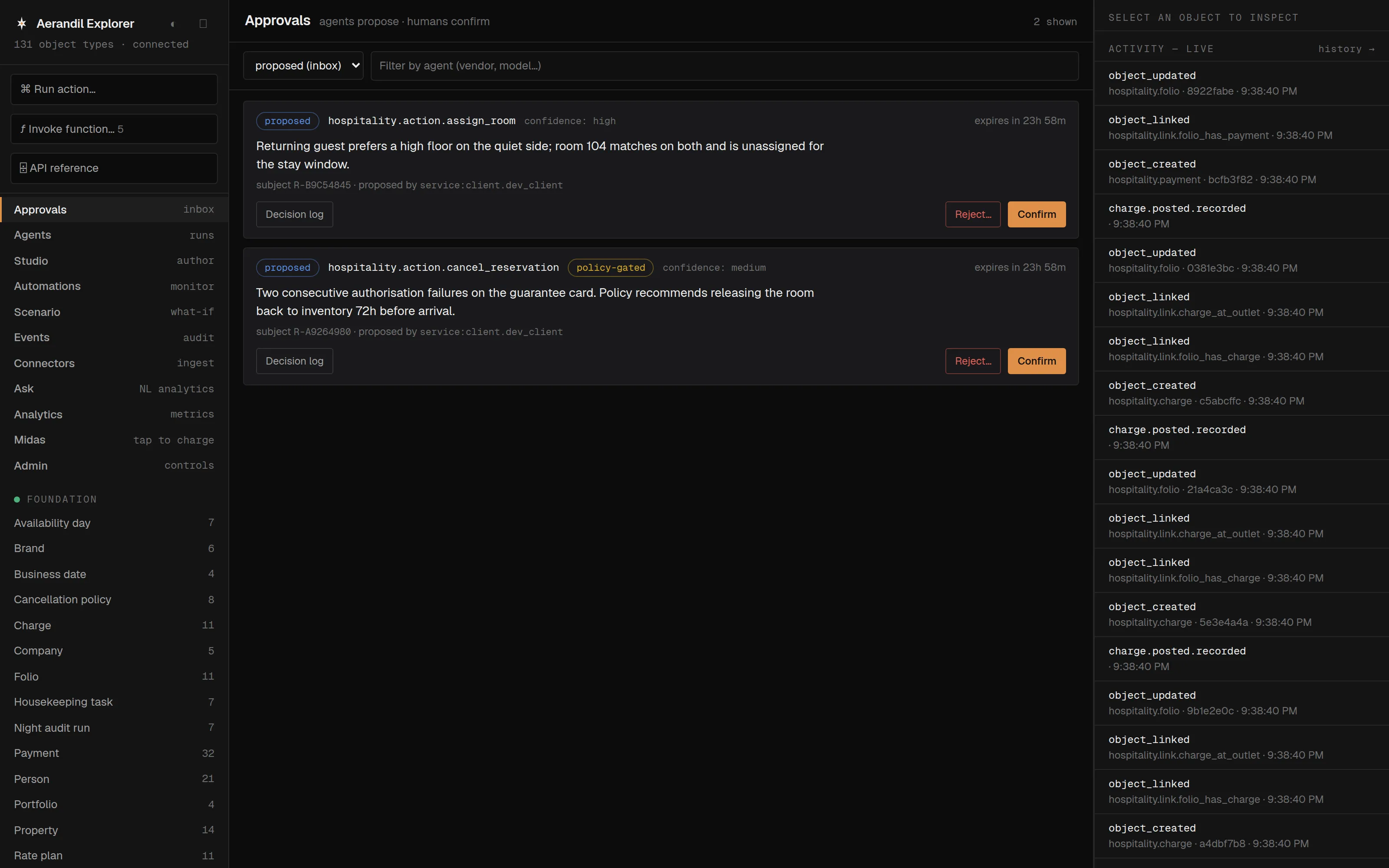 The Explorer approvals inbox — agent-proposed actions awaiting human confirmation, beside the live event feed