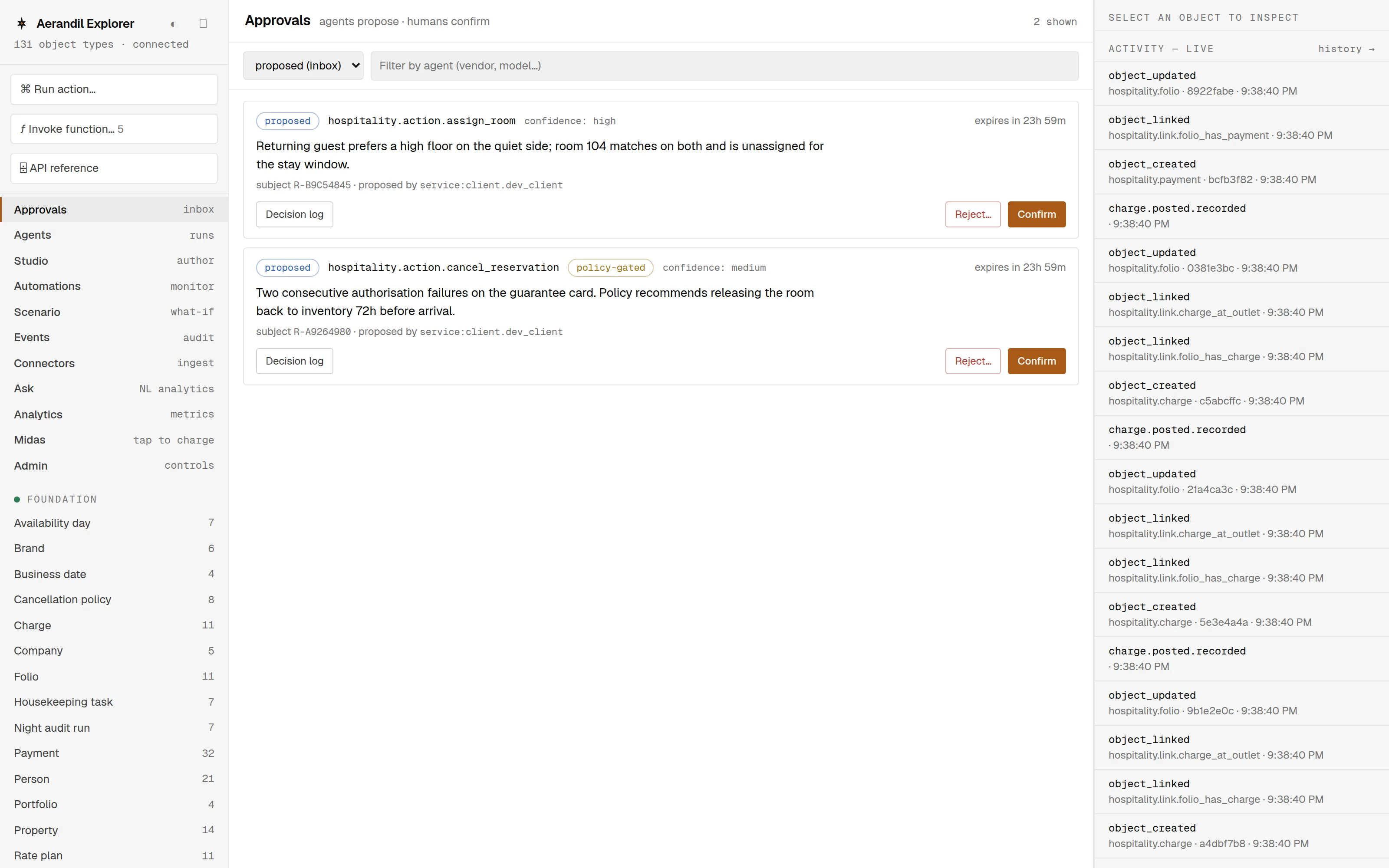 The Explorer approvals inbox — agent-proposed actions awaiting human confirmation, beside the live event feed