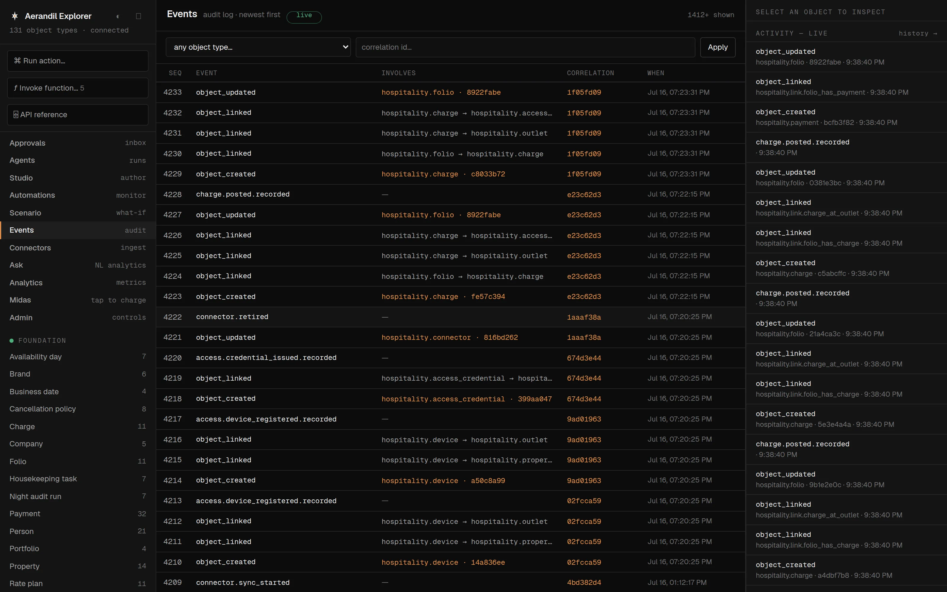 The events view — the append-only audit log, live, with correlation traces